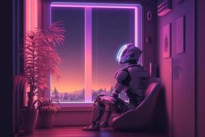 robot cyborg sad at the window futuristic fantasy style illustration photo