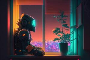 sad robot looks out the window, robotic recognizes emotions illustration photo