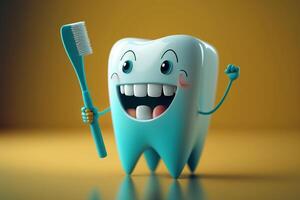 tooth funny character with toothbrush dental care, oral hygiene illustration photo