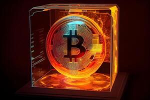 gold shining bitcoin in a glass cube illustration photo