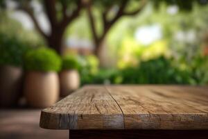 display wooden table with empty copy space on green blurred garden background photo