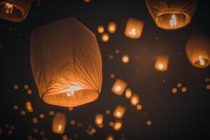 celebrando noche volador papel lamparas luces en el cielo generativo ai foto