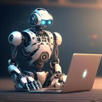 Robot in front of the laptop, robot controlling computer with artificial intelligence future technology photo