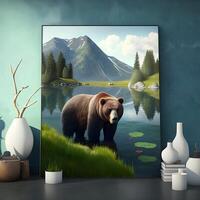 A painting of a bear in a lake with mountains in the background. photo