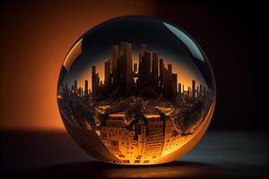 reflection of the world of the city in a magic transparent glass ball illustration photo