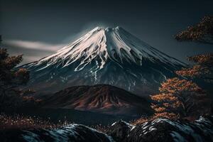 big mountain with snow on top autumn landscape photo