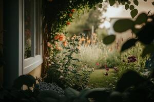 blooming flowers on the porch house photo