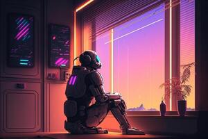 sad robot looks out the window, robotic recognizes emotions illustration photo
