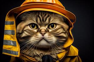 gato mascota vistiendo un bombero casco ilustración generativo ai foto