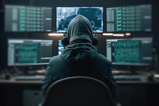 hacker trabajando detrás computadora monitores ilustración generativo ai foto