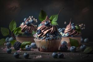 blue berry muffins, blueberry cupcake illustration photo