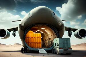 airplane cargo transportation by plane, unloading containers of boxes at the airport illustration photo