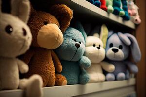 soft plush toys on the shelf in the wardrobe illustration photo