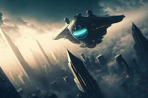 cinematic UFO space dishes over the city metropolis illustration photo