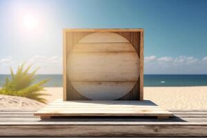 wooden podium with empty space with summer sun and beach photo