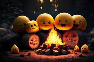 yellow emoticons emoji are resting in nature by the fire illustration photo