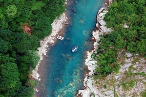 Mountain river rafting, aerial view photo