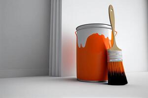 orange paint and brush in a white room for painting the walls illustration photo