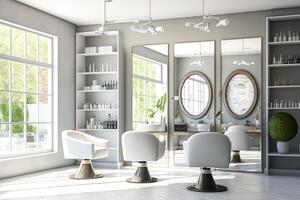 white light beauty salon room with armchairs and mirrors photo