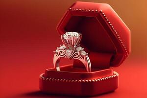 ring with a diamond in a box on a red background photo