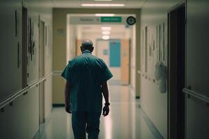 the doctor walks along the empty corridor of the hospital back view illustration photo