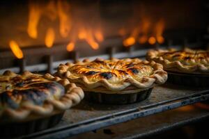 freshly baked pie in the oven on baking sheet illustration photo