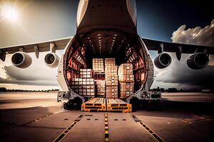 cargo plane unloads containers with boxes, air freight illustration photo