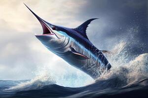 marlin jumping out of the sea water illustration photo
