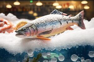 frozen trout fish in ice on a shop store illustration photo