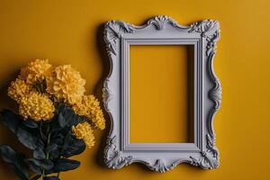 yellow background with flowers and empty space in white frame photo