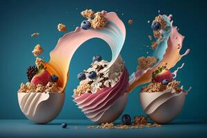 mosca Desierto ola con Granola Fresco Fruta yogur ilustración generativo ai foto