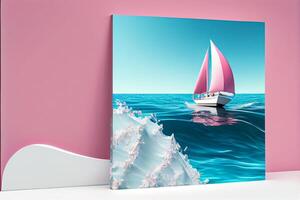 a picture of a sail ship sailing on blue waves with a pink sky illustration photo