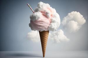 air pure cotton candy in waffle cone on cloudy sky background photo