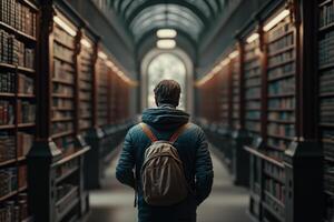 man standing in the middle of the library illustration photo