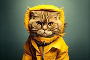 cat pet in a yellow raincoat illustration photo
