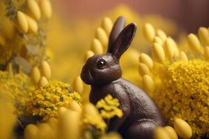 chocolate rabbit bunny in yellow spring flowers illustration photo