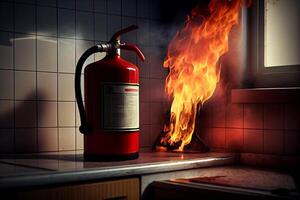 rojo fuego extintor pone fuera el fuego en el cocina ilustración generativo ai foto