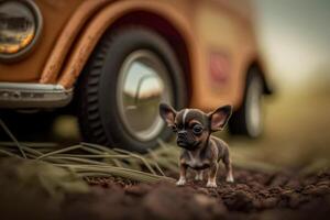 small funny pet, chihuahua breed dog near the car photo