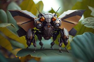 robotic butterfly sitting on green leaf illustration photo