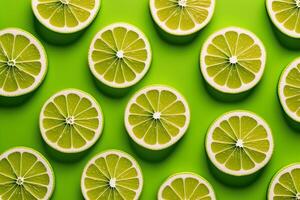 sliced lime flat lay green background photo
