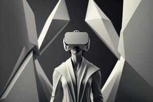 woman in white clothes wearing virtual reality vr glasses digital mobile technology illustration photo