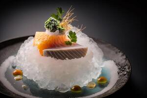 thinly sliced sashimi served on a bed of ice fresh photo