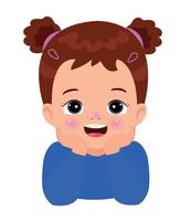 A little girl with a blue shirt on her face is looking at the camera. vector
