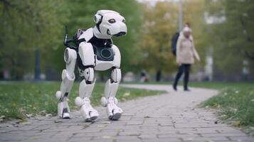 dog robot walking green park photo