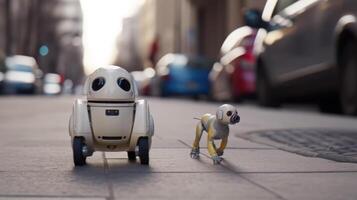 pequeño robot perro camina a lo largo el ciudad calle generativo ai foto
