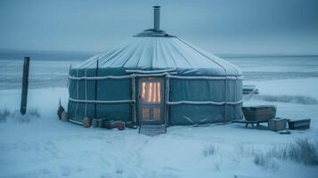 winter yurt in tundra photo