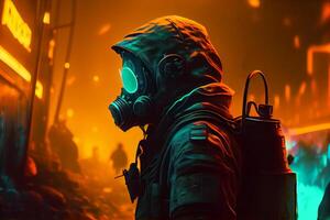 man in a gas protective mask on his face survives in a chemical radiation burning city illustration photo