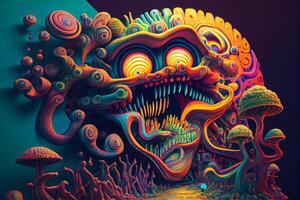 psicodélico vistoso LSD viaje cráneo con hippy patrones y coral alivio ilustración generativo ai foto