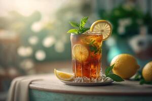 fresh cold lemon tea with mint leaf photo