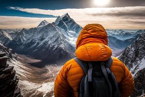 hombre alpinismo un Nevado montaña activo invierno aventuras viaje ilustración generativo ai foto